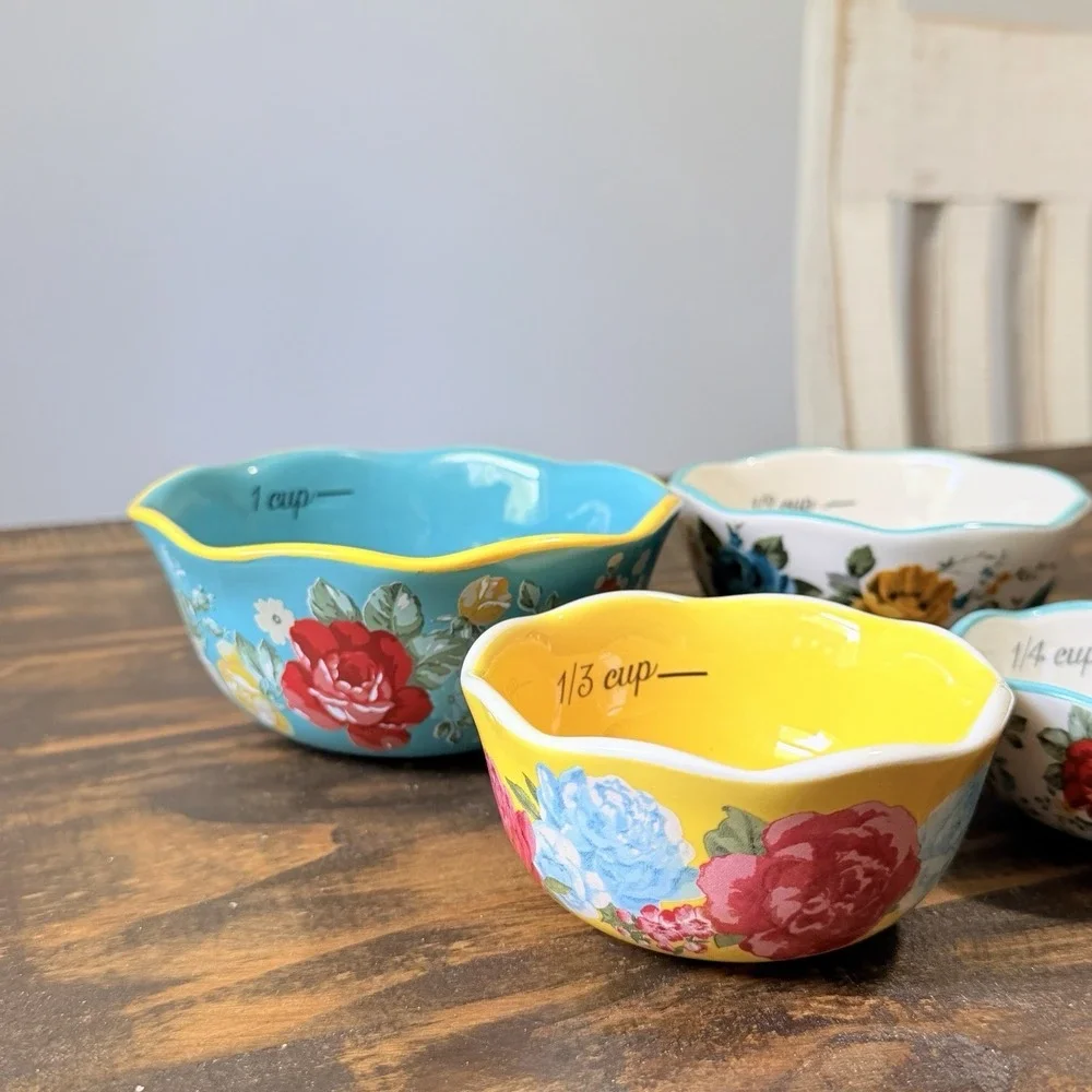 Pioneer Woman Vintage Floral Measuring Cups Set 4 Ceramic Nesting Discontinued